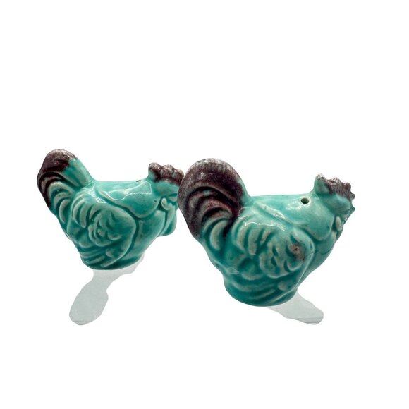 Vintage Ceramic Rooster Salt & Pepper Shakers Turquoise & Brown Glaze Figurines - Picture 4 of 5